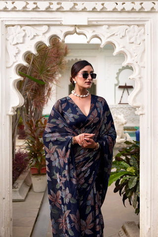 Navy Blue Floral Lurex Brasso Saree with Unstitched Blouse – Elegant Viscose Brasso Work ClothsVilla
