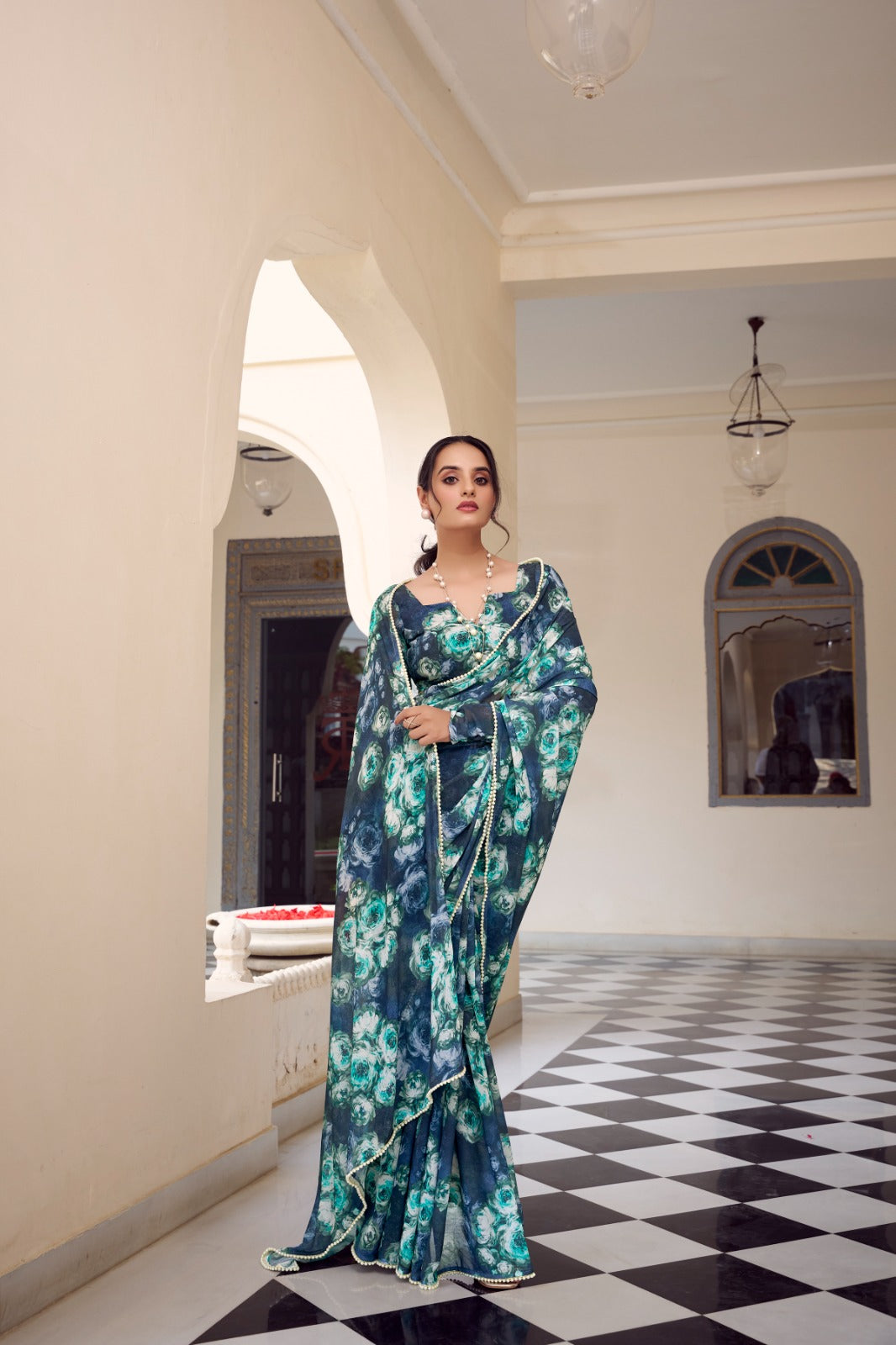 Navy Blue Floral Printed Weightless Marble Saree with Pearl Lace Border Clothsvilla
