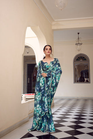 Navy Blue Floral Printed Weightless Marble Saree with Pearl Lace Border Clothsvilla