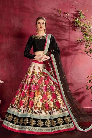 New Collection Floral Printed Lehenga Choli With Dupatta Black-Multi Colour Clothsvilla