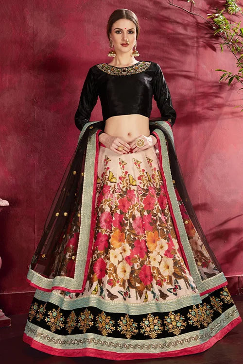 New Collection Floral Printed Lehenga Choli With Dupatta Black-Multi Colour Clothsvilla