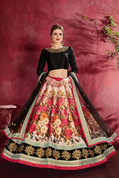 New Collection Floral Printed Lehenga Choli With Dupatta Black-Multi Colour Clothsvilla
