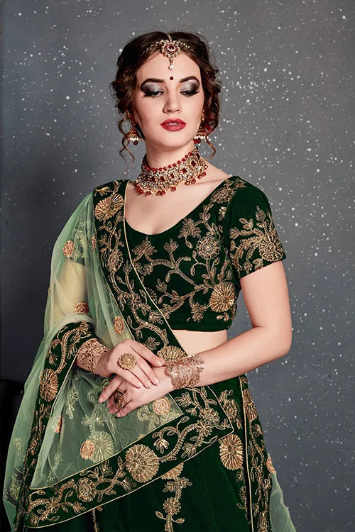 New Embroidery Lehenga Choli Dark Green Color Clothsvilla