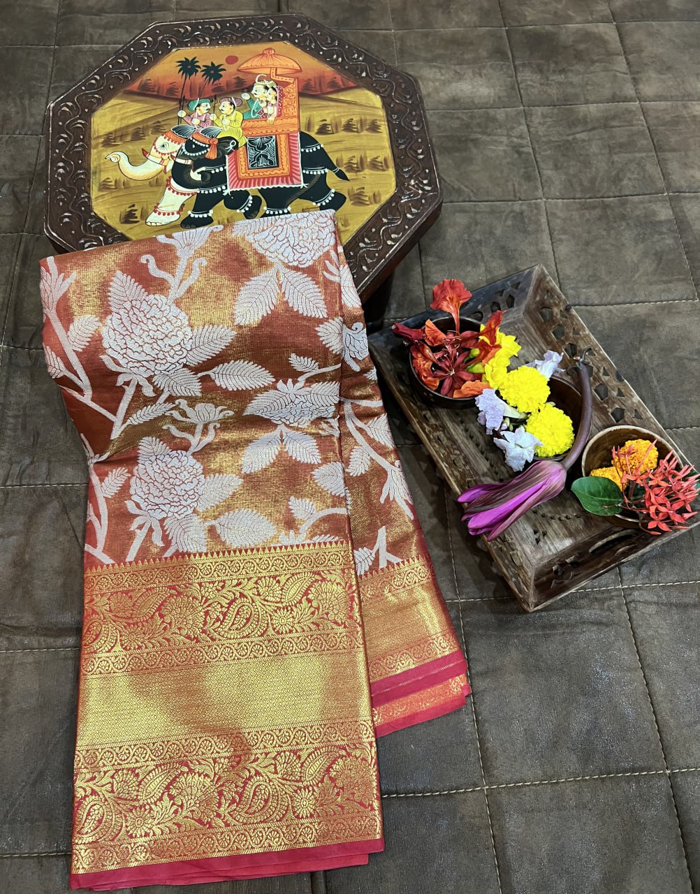 Exquisite Kanjivaram Silk Orange Saree with Zari Weaving Work ClothsVilla Main image