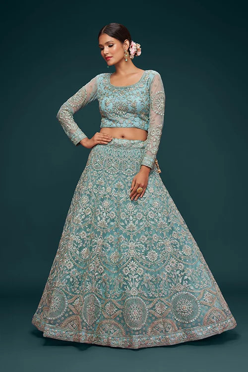 Ocean Aqua Wedding Lehenga Choli – Soft Net Perfection Clothsvilla
