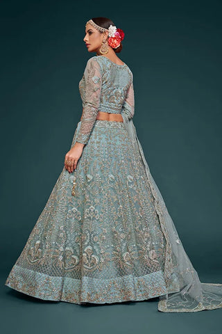 Ocean Aqua Soft Net Thread Embroidery Work Lehenga Choli With Dupatta Clothsvilla