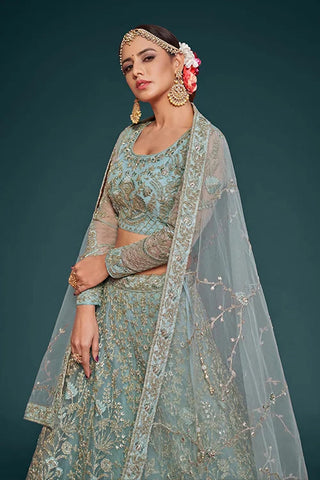 Ocean Aqua Soft Net Thread Embroidery Work Lehenga Choli With Dupatta Clothsvilla