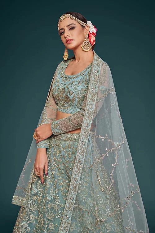 Ocean Aqua Soft Net Thread Embroidery Work Lehenga Choli With Dupatta Clothsvilla