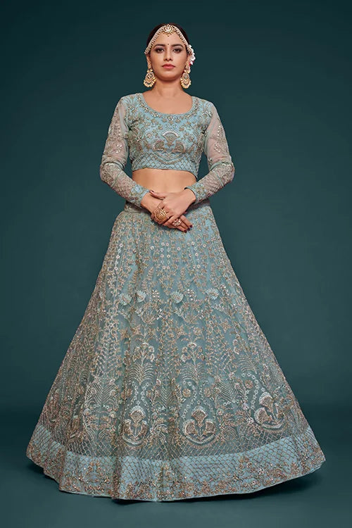 Ocean Aqua Soft Net Thread Embroidery Work Lehenga Choli With Dupatta Clothsvilla