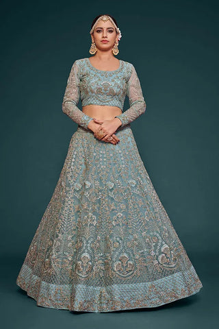 Ocean Aqua Soft Net Thread Embroidery Work Lehenga Choli With Dupatta Clothsvilla