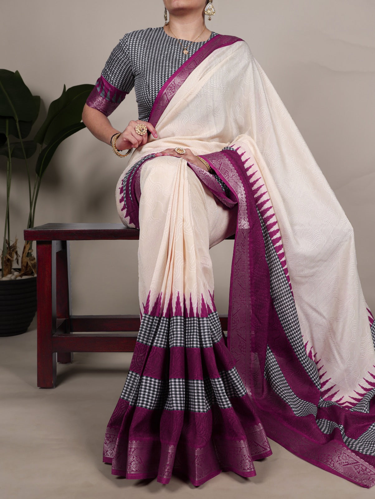 Off White Elegant Poly Cotton Saree with Printed & Zari Weaving Work ClothsVilla