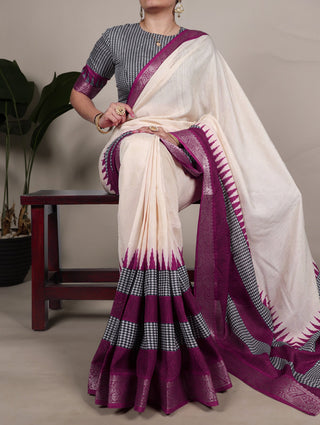 Off White Elegant Poly Cotton Saree with Printed & Zari Weaving Work ClothsVilla