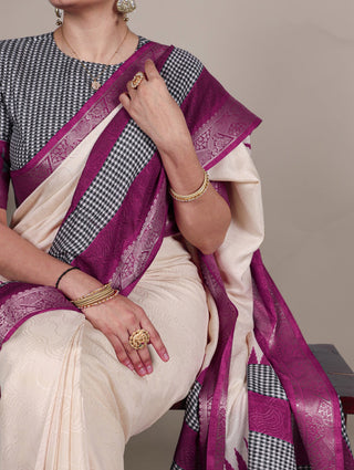 Off White Elegant Poly Cotton Saree with Printed & Zari Weaving Work ClothsVilla