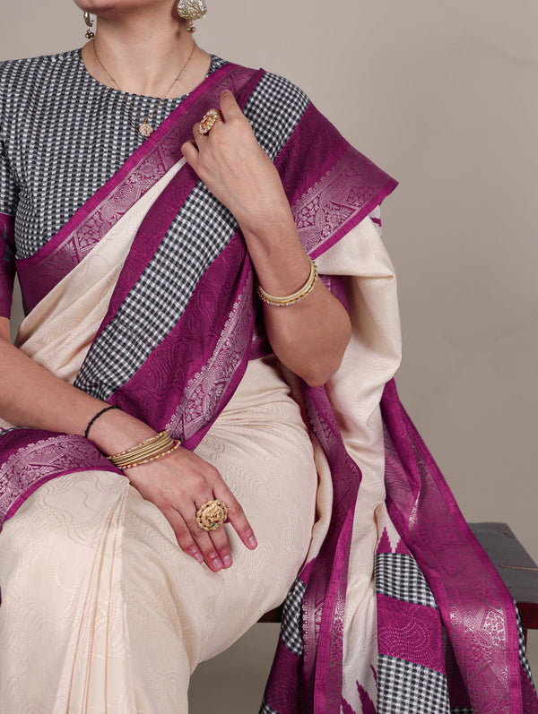Off White Elegant Poly Cotton Saree with Printed & Zari Weaving Work ClothsVilla