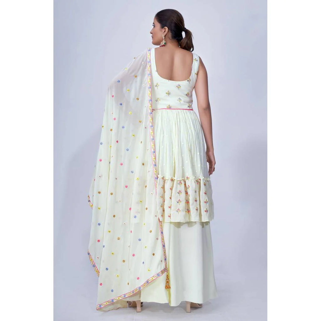 Off White Mirror Work Multi Embroidery Chiffon Palazzo Suit Clothsvilla