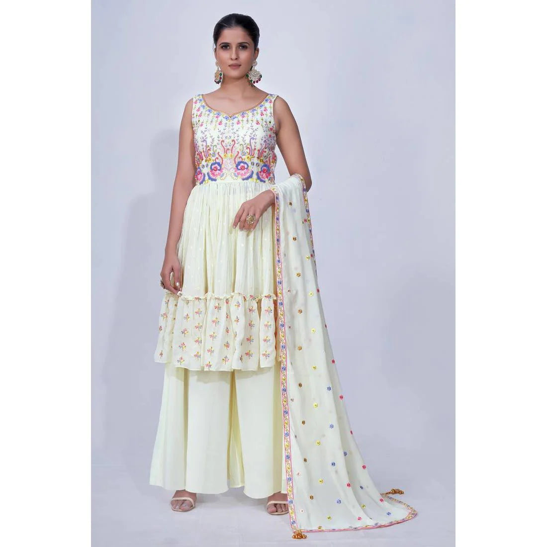 Off White Mirror Work Multi Embroidery Chiffon Palazzo Suit Clothsvilla Main image