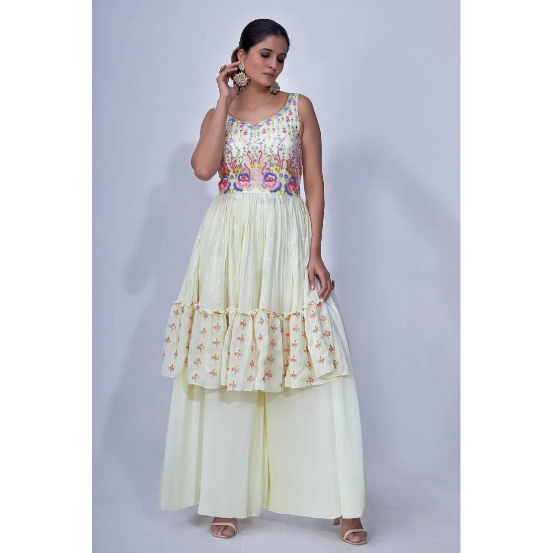 Off White Mirror Work Multi Embroidery Chiffon Palazzo Suit Clothsvilla