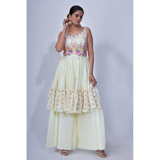 Off White Mirror Work Multi Embroidery Chiffon Palazzo Suit Clothsvilla