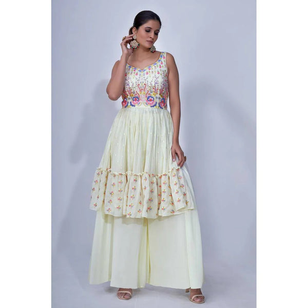 Off White Mirror Work Multi Embroidery Chiffon Palazzo Suit Clothsvilla