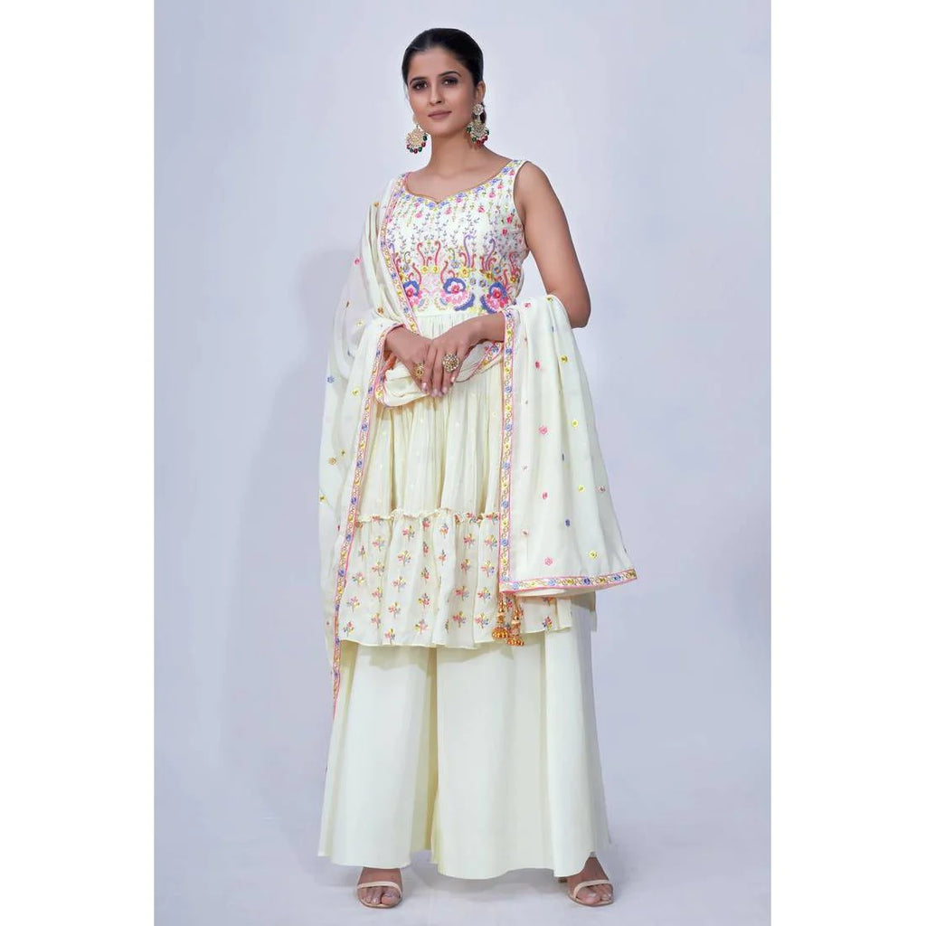 Off White Mirror Work Multi Embroidery Chiffon Palazzo Suit Clothsvilla