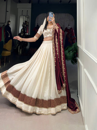 Off White Premium Vichitra Silk Lehenga Set with Zari & Sequin Detailing – 3-Piece Ensemble Clothsvilla