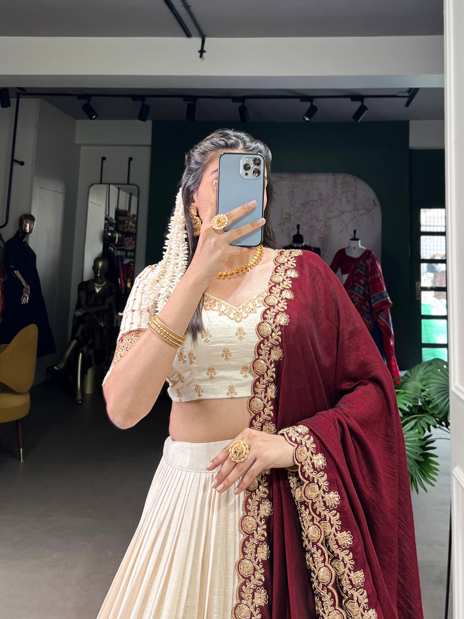 Off White Premium Vichitra Silk Lehenga Set with Zari & Sequin Detailing – 3-Piece Ensemble Clothsvilla