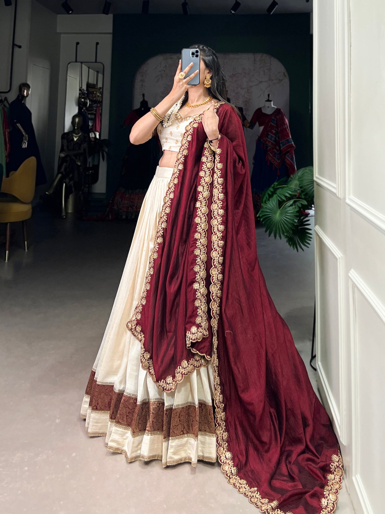 Off White Premium Vichitra Silk Lehenga Set with Zari & Sequin Detailing – 3-Piece Ensemble Clothsvilla