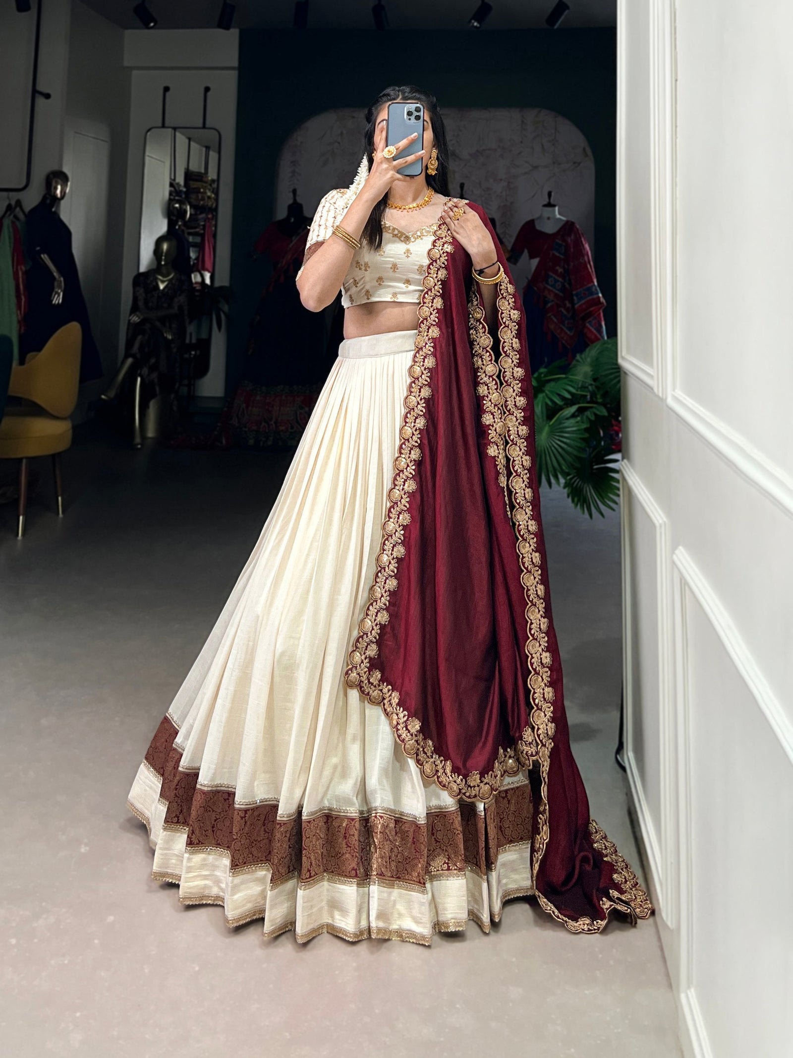 Off White Premium Vichitra Silk Lehenga Set with Zari & Sequin Detailing – 3-Piece Ensemble Clothsvilla