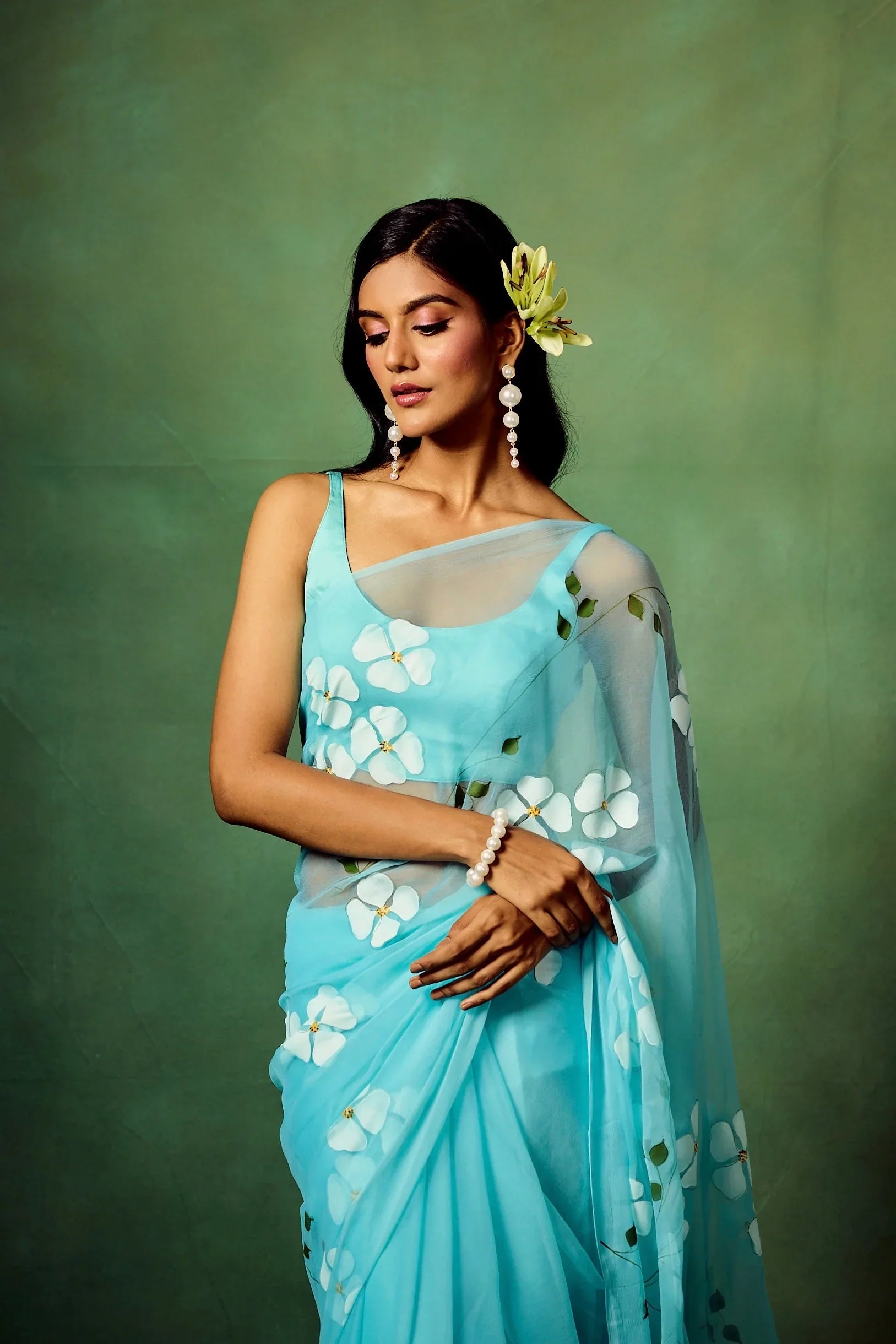 Sky Blue Organza Saree with Hand-Painted White Dogwood Flowers & Satin Blouse FANCY SAREES