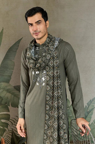 Premium Olive Green Mirror Work Kurta with Dupatta for Occasions Clothsvilla