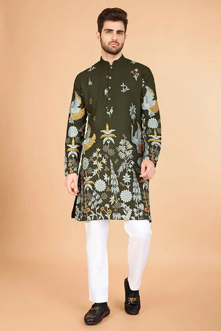 Olive Viscose Rayon Designer Men's Kurta for Festive Clothsvilla