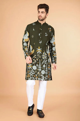 Olive Viscose Rayon Designer Men's Kurta for Festive Clothsvilla