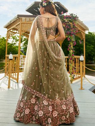 Olive Green Satin Lehenga Choli Set with Net Dupatta Heavy Embroidered AIndian Outfit ClothsVilla