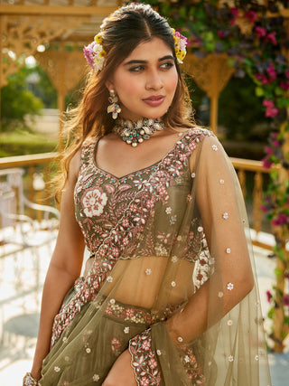 Olive Green Satin Lehenga Choli Set with Net Dupatta Heavy Embroidered AIndian Outfit ClothsVilla