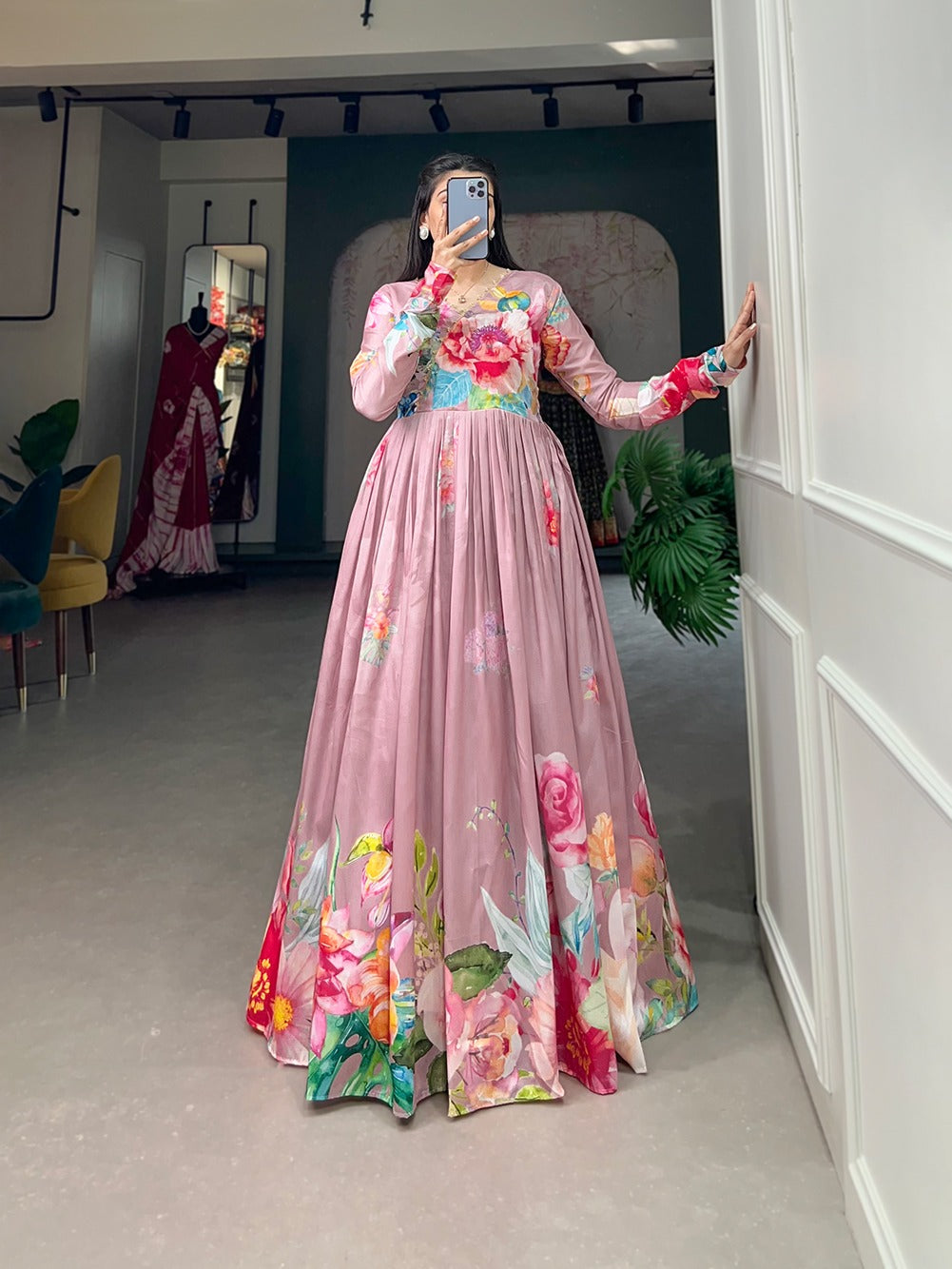 Onion Color Tussar Silk Ready to Wear Gown with Delicate Floral Print ClothsVilla