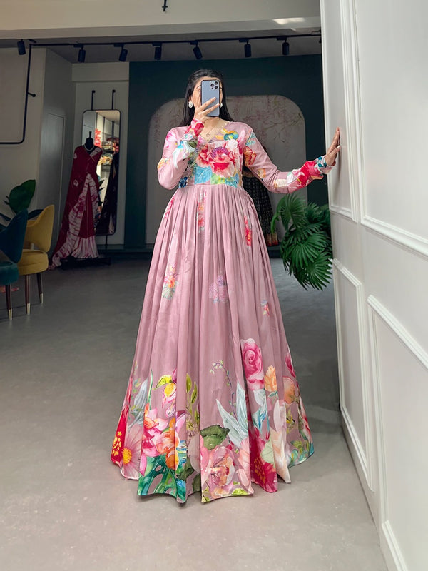 Onion Color Tussar Silk Ready to Wear Gown with Delicate Floral Print ClothsVilla