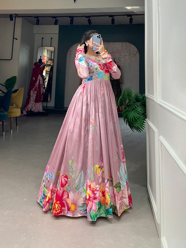 Onion Color Tussar Silk Ready to Wear Gown with Delicate Floral Print ClothsVilla