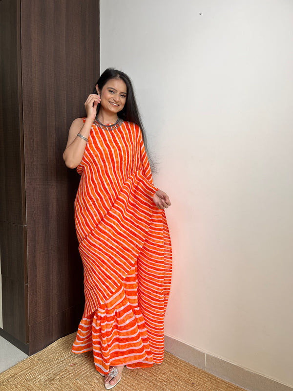 Orange Faux Georgette Crushed Saree Gown ClothsVilla