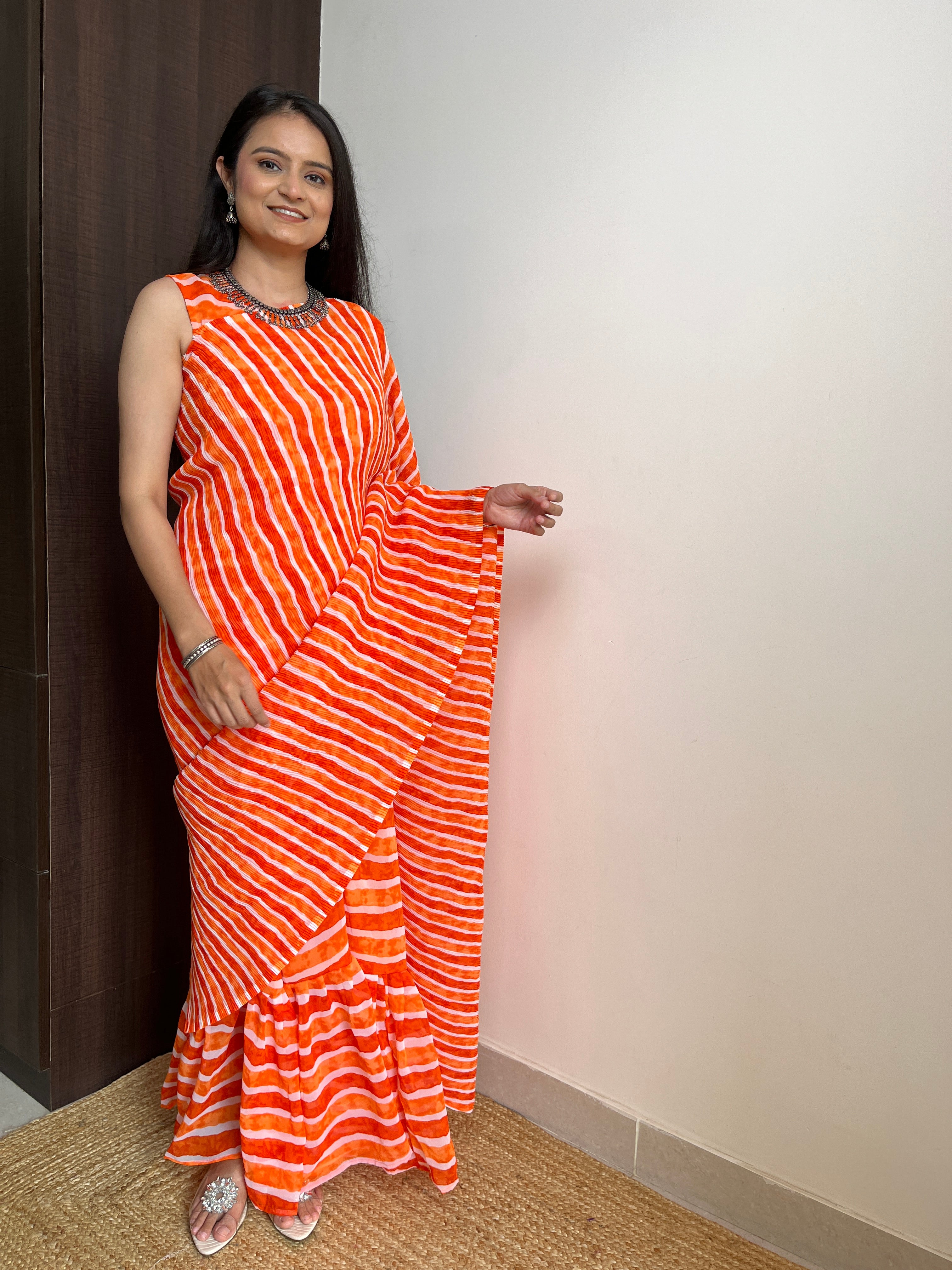 Orange Faux Georgette Crushed Saree Gown ClothsVilla Main image