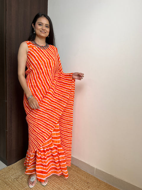 Orange Faux Georgette Crushed Saree Gown ClothsVilla Main image