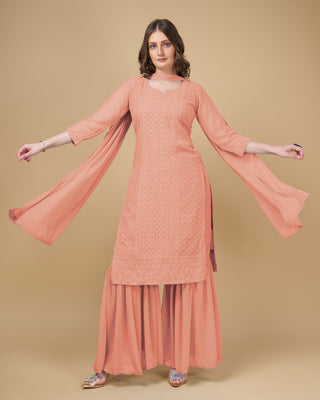 Stunning Faux Georgette Sharara Kurti Dupatta Set - Embroidered Elegance ClothsVilla