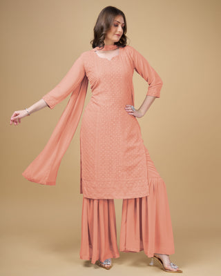Stunning Faux Georgette Sharara Kurti Dupatta Set - Embroidered Elegance ClothsVilla