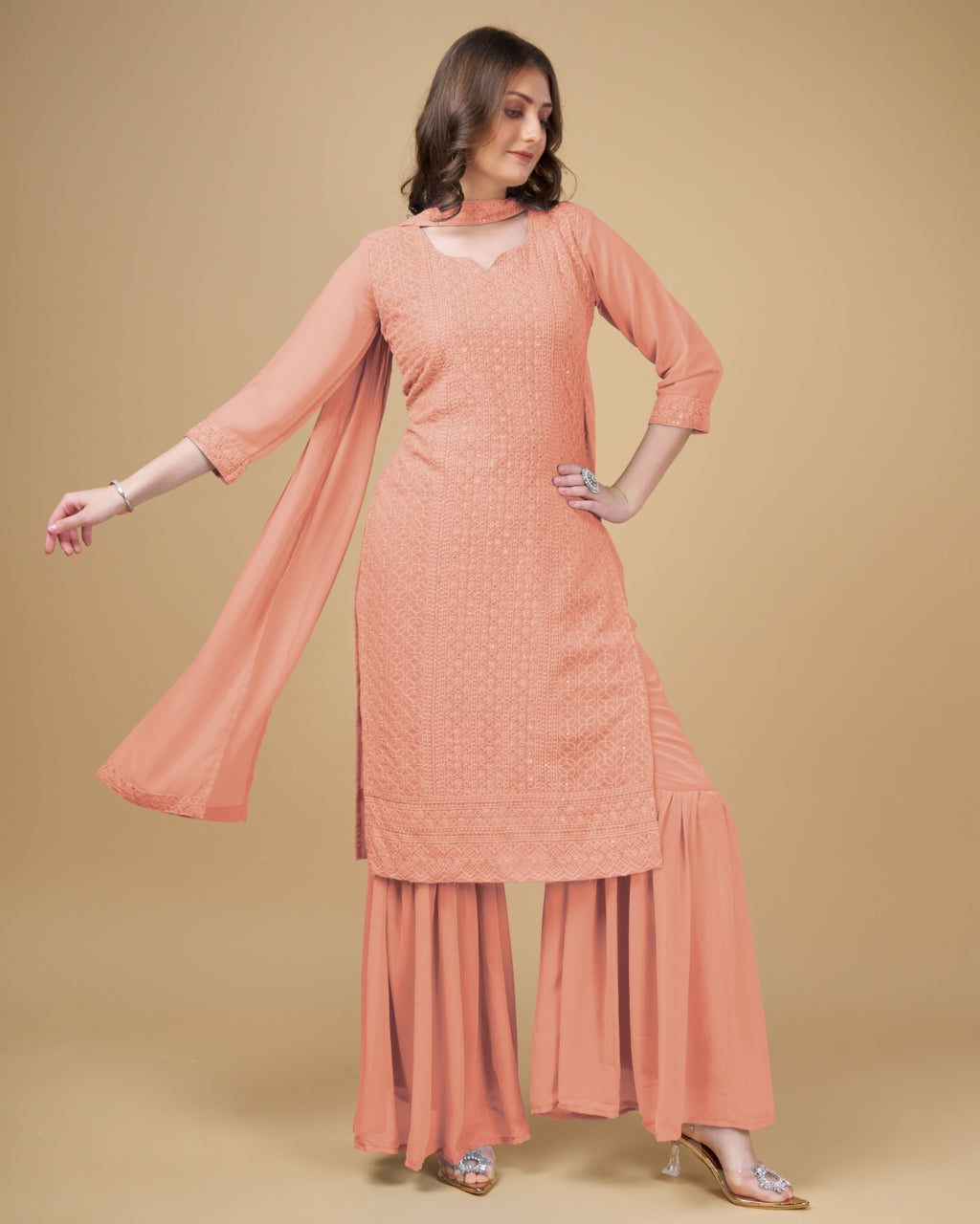 Stunning Faux Georgette Sharara Kurti Dupatta Set - Embroidered Elegance ClothsVilla