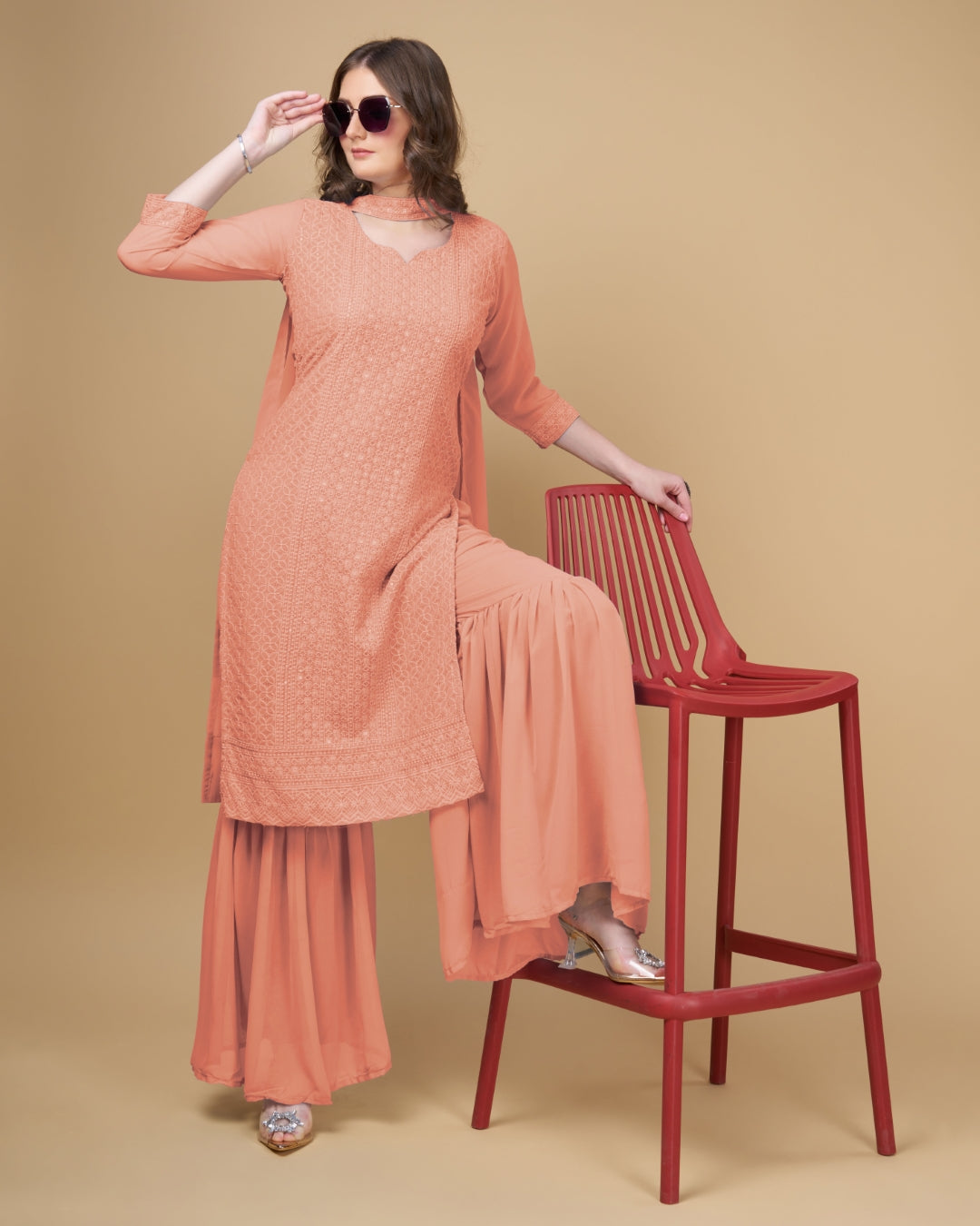 Stunning Faux Georgette Sharara Kurti Dupatta Set - Embroidered Elegance ClothsVilla