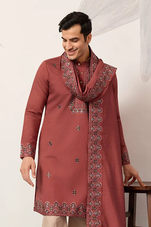 Luxury Royal Look Orange Kurta with Dupatta for Mens Collection Clothsvilla