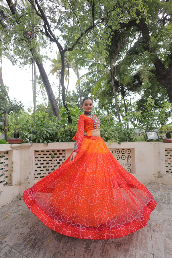 Orange Bandhani Print Lehenga with Kutchi Gamthi Patchwork & Matching Blouse ClothsVilla