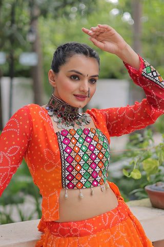 Orange Bandhani Print Lehenga with Kutchi Gamthi Patchwork & Matching Blouse ClothsVilla
