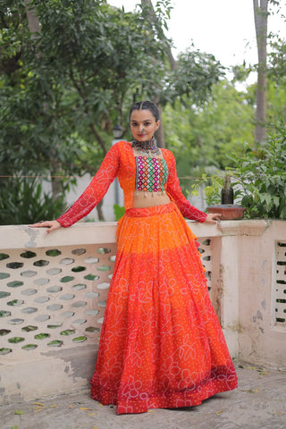 Orange Bandhani Print Lehenga with Kutchi Gamthi Patchwork & Matching Blouse ClothsVilla