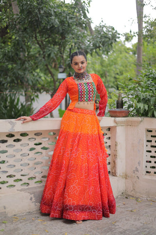 Orange Bandhani Print Lehenga with Kutchi Gamthi Patchwork & Matching Blouse ClothsVilla