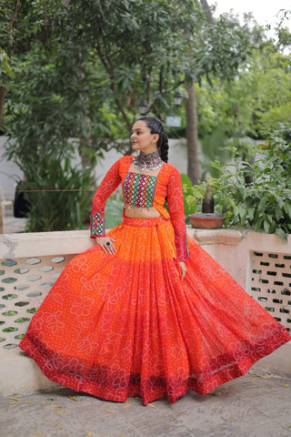 Orange Bandhani Print Lehenga with Kutchi Gamthi Patchwork & Matching Blouse ClothsVilla